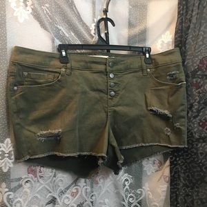Torrid olive green distressed denim shorts
